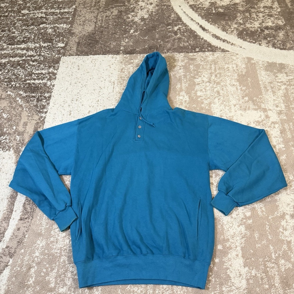 Vintage 90s L.L.Bean Russell Athletic Teal USA Made Henley Hoodie XL Tall Heavy